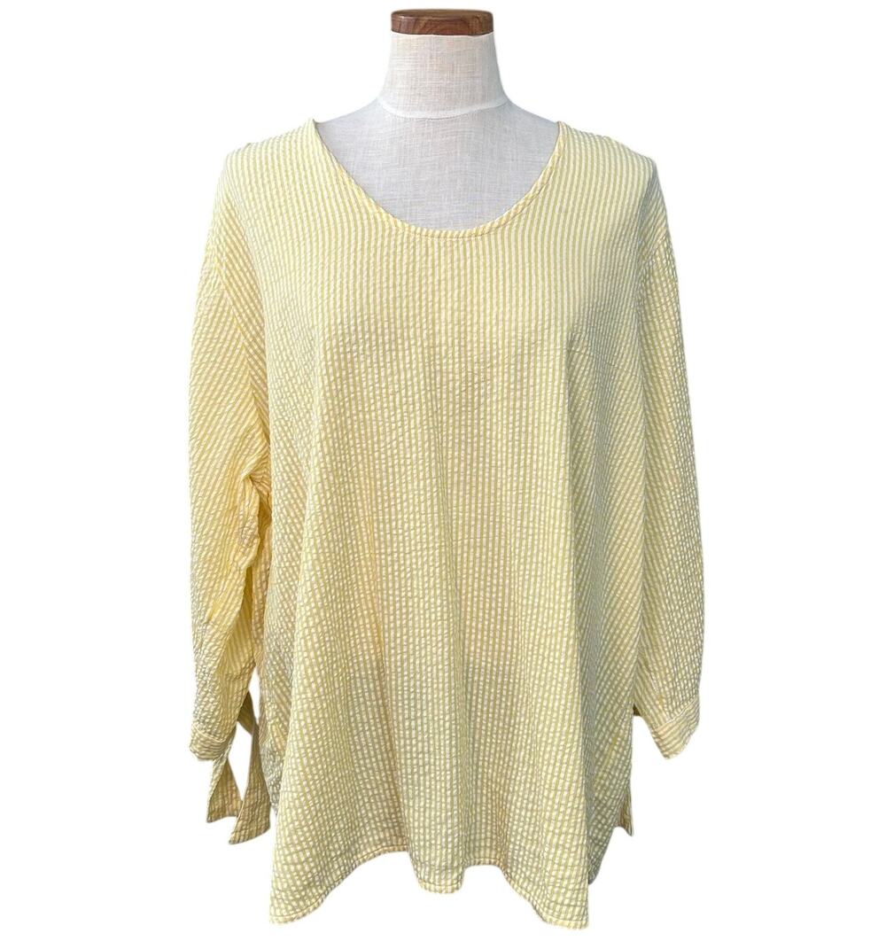Vintage Vermont Country Store Seersucker Top 2X Yellow Striped Tie Sleeve Cotton